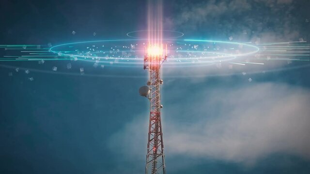 Time lapse 5G 4G Telecommunication tower. Telecom Antenna and Satellite Mobile Signals and Radio Waves Animation concept. Radioactive Pollution and fascism masses control
