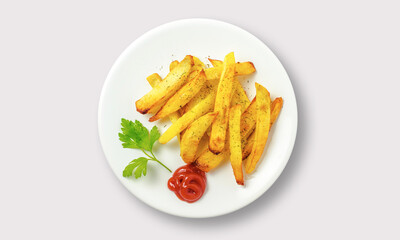 French fries chips with ketchup on a white background