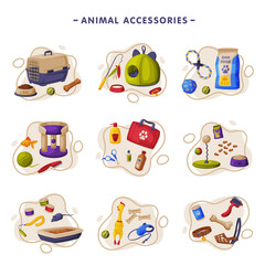 Animal Accessories Set, Pet Shop Products, Food, Toys, Veterinary Medicines, Accessories for Care, Cartoon Style Vector Illustration