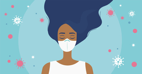 Woman staying calm and wearing medical mask for protection from virus or flu. Coronavirus disease prevention flat illustration. - Vector