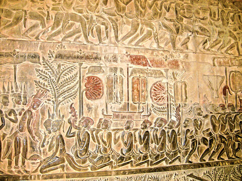The detail of stone carvings in Angkor Wat, Cambodia.