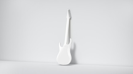 Blank white electric guitar mockup, stand near wall, backside view