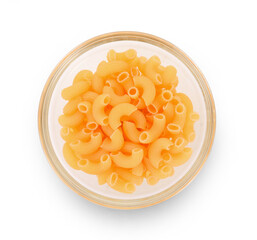 Macaroni in a glass cup on white background