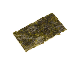 One roasted sheet of seaweed, isolated on white background. Asian healthy dry nori snack food.