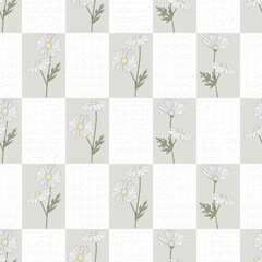 Vector Daisy Flowers in White Yellow Green in White and Gray Rectangles Seamless Repeat Pattern. Background for textiles, cards, manufacturing, wallpapers, print, gift wrap and scrapbooking.