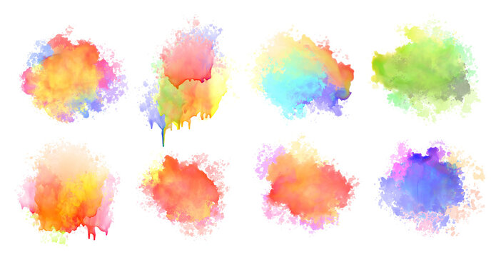 isolated watercolor splatter stain colorful set of eight
