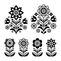 Scandinavian flowers design, folk art decoration with flowers, Nordic retro background in black and white
