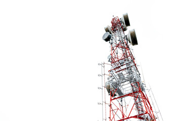 Look up to view the telecommunication pole isolated on white background