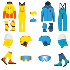 Ski wear vector illustration. Waterproof, breathable men and women clothing for winter sports and recreation. Jacket, salopettes, gloves, snowboard helmet, neck warmer buff, socks, goggles sunglasses.