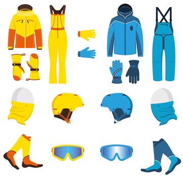 Ski wear vector illustration. Waterproof, breathable men and women clothing for winter sports and recreation. Jacket, salopettes, gloves, snowboard helmet, neck warmer buff, socks, goggles sunglasses.