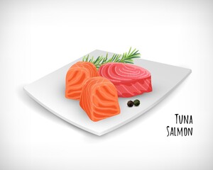 Salmon meat cubes, Tuna fish steak, rosemary twig, black peppercorns on white plate. Lettering Salmon, Tuna. Vector hand drawn elements for culinary designs.