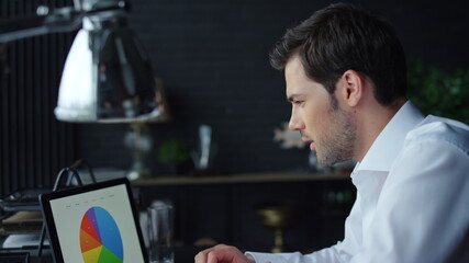 Businessman looking at graphs on laptop in office. Man working on laptop