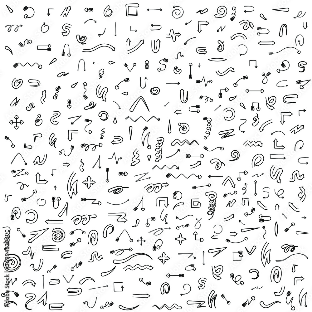 Poster abstract set black collection hand drawn different arrows elements vector design sketch style doodle