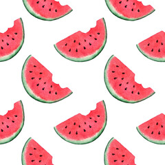 Seamless pattern with watermelon on white background. Watercolor illustration.