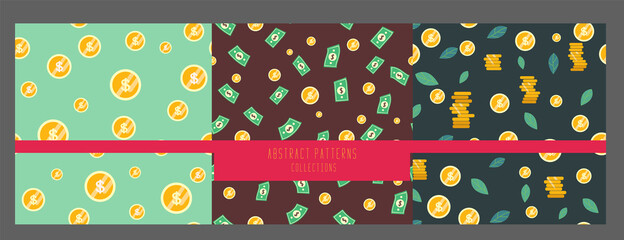 set of Falling coins and dollar seamless pattern, business and finance, return on investment, income growth, financial background, vector illustration