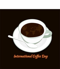 A vector espresso with a crema that forms a map of the world, with color gradations that match the color of the brewed coffee, perfect as an image to greet international coffee day