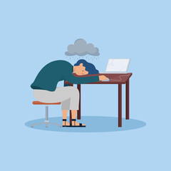 Professional burnout. Young exhausted female manager sitting at the office. Long working day. Millennials at work. Flat editable vector illustration