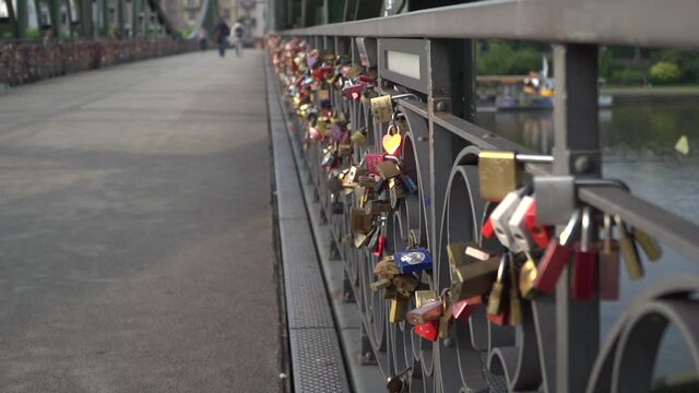 Love locks at Eiserner Steg footbridge in Frankfurt am Main Germany