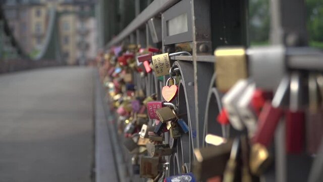 Love locks at Eiserner Steg footbridge in Frankfurt am Main Germany