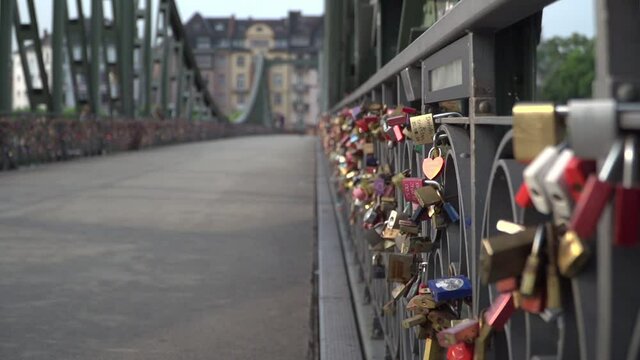 Love locks at Eiserner Steg footbridge in Frankfurt am Main Germany