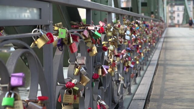 Love locks at Eiserner Steg footbridge in Frankfurt am Main Germany