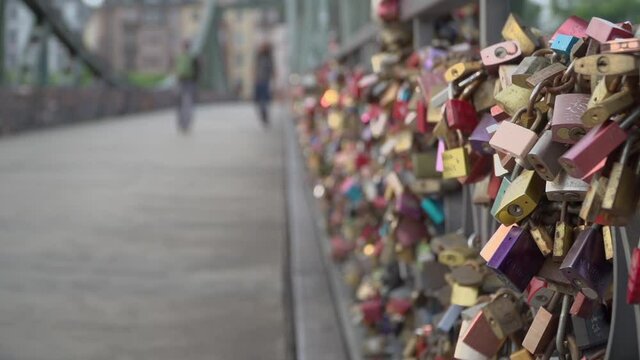 Love locks at Eiserner Steg footbridge in Frankfurt am Main Germany