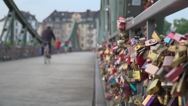 Love locks at Eiserner Steg footbridge in Frankfurt am Main Germany