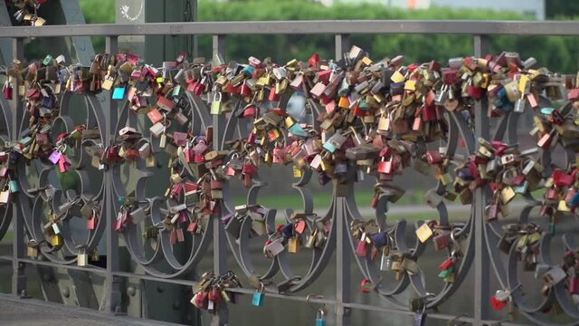 Love locks at Eiserner Steg footbridge in Frankfurt am Main Germany