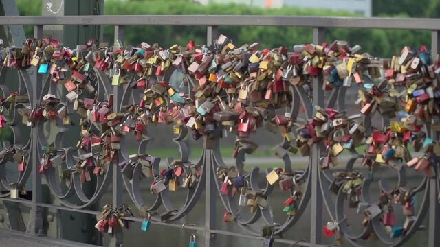 Love locks at Eiserner Steg footbridge in Frankfurt am Main Germany
