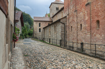 View of Romainmotier Abbey Church in Romanmontier-Envy village, one of the oldest Romanesque churches in the country,  Canton Vaud, Switzerland.
