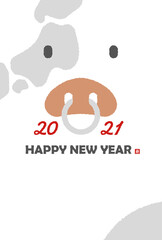 2021 (令和三年) 丑年 年賀状素材 年賀状テンプレート 牛の顔のアップと日本列島（文章なし）