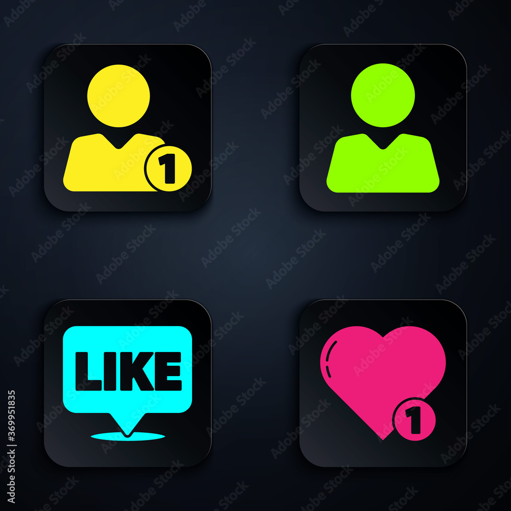 Poster set like and heart, add to friend, like in speech bubble and add to friend. black square button. vec