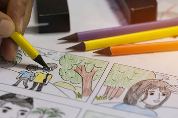 Creator  Storyboard or storytelling drawing creative for movie process pre-production media films script for video editors, development cartoon illustration animation for production shooting