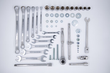 Tool knolling - spanners, sockets, washers, nuts and wrench