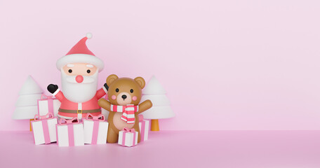 Obraz na płótnie Canvas Christmas background with Santa clause and cute bear . 3d rendering.