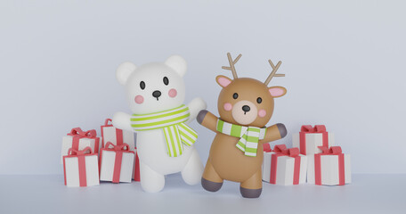 Christmas background with a polar bear and dear on white background 3d rendering.