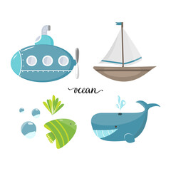 set of elements for design on a white background. children's drawings on the marine theme.