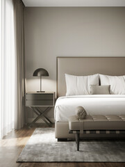 3d rendering of a beige elegant chic luxury bedroom with black table lamp and nightstand
 - obrazy, fototapety, plakaty