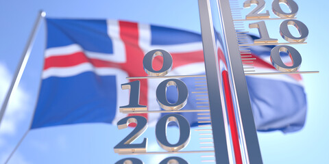 Thermometer shows 0 zero air temperature near flying flag of Iceland. Weather forecast conceptual 3D rendering