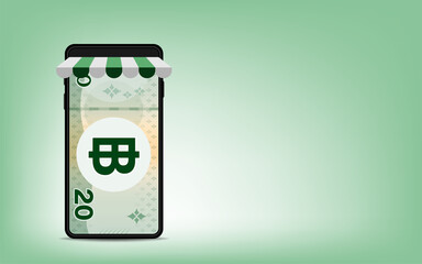 money 20 baht banknote thai in smartphone screen, bank note money thailand THB on smart phone screen, mobile phone for currency wallet, paper money in smartphone, online shopping concept, copy space