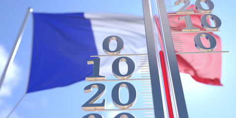 Thermometer shows 0 zero air temperature near flying flag of France. Weather forecast conceptual 3D rendering
