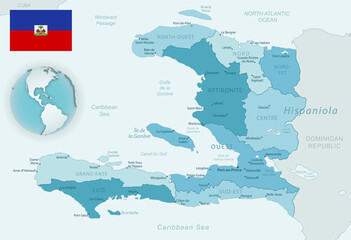 Blue-green detailed map of Haiti administrative divisions with country flag and location on the globe. Vector illustration
