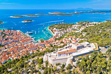 Amazing town of Hvar and Fortica fortress aerial view