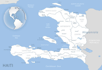 Blue-gray detailed map of Haiti administrative divisions and location on the globe. Vector illustration