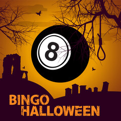 Number eight ball on bingo halloween background