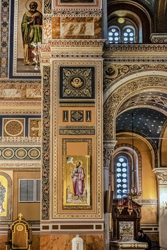 Interior of Metropolitan Cathedral of the Annunciation (1862) in Athens. Built in 1842 Cathedral of the Annunciation - Main Greek Orthodox Church in Athens. Athens, Greece. January 10, 2020.