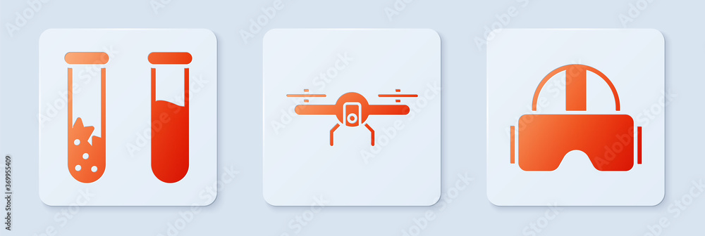Poster set drone flying, test tube and flask and virtual reality glasses. white square button. vector.