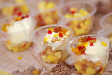 Delicious Fruit Salad With Ice Cream indian wedding catering style .
