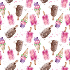 Mix Ice Cream Seamless Pattern, Sweetness, Illustration, Watercolor, Raster illustration, Isolated