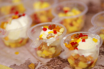Delicious Fruit Salad With Ice Cream indian wedding catering style .
